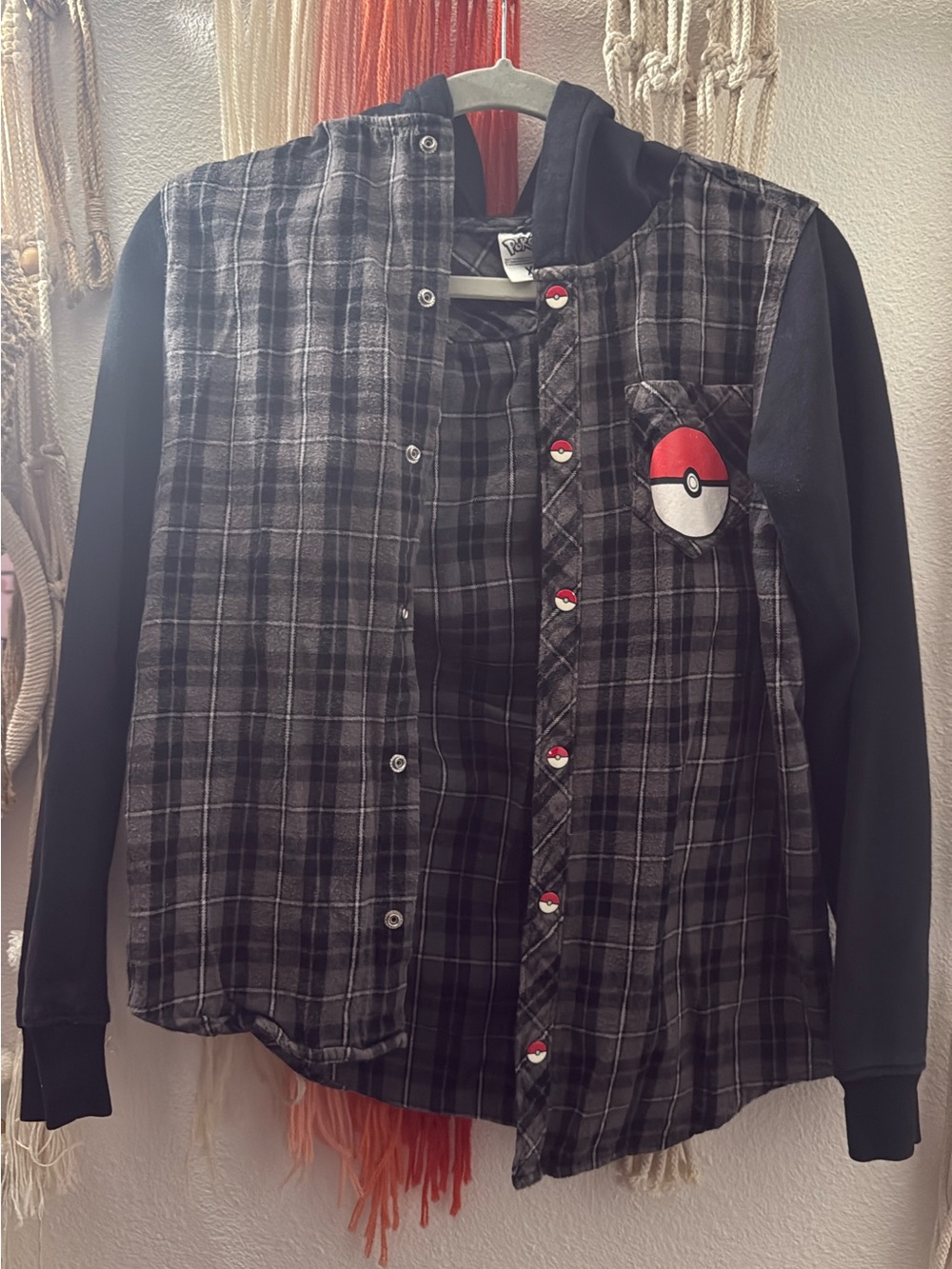 Black Plaid Long-Sleeve Shirt with Poké Ball Patch